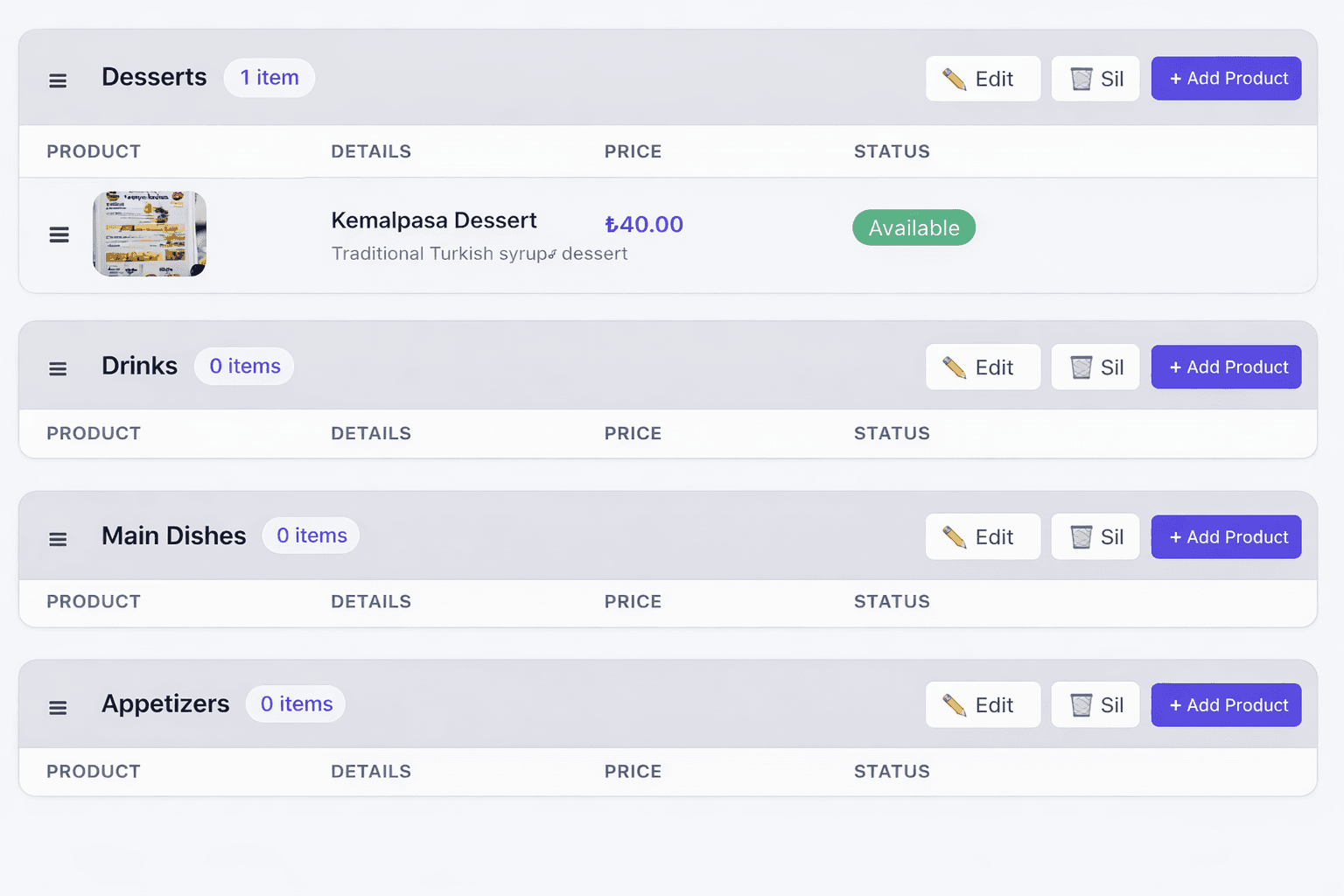 QR Menu Dashboard Management Panel Preview showing category and product management